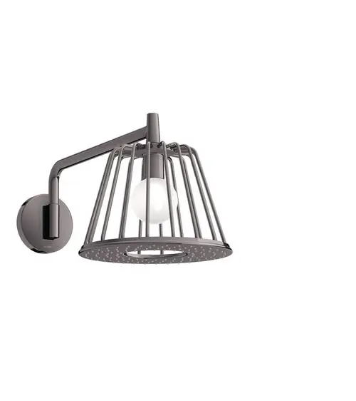 Wandlampe in Polished Black Chrome mit Gitterdesign und einer runden, weißen Glühbirne, von der Marke AXOR. Montiert an einer runden Wandbasis.